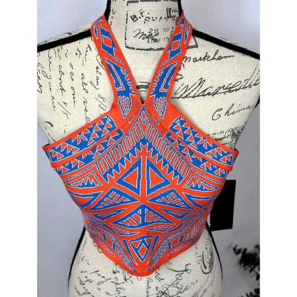 BCBGMaxAzria Katiya Crop Top in an Orange/Blue Geometric Print L - Picture 4 of 10